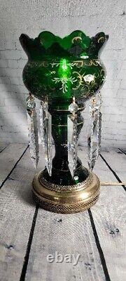Vintage Bohemian Art Glass Luster Mantle Lamp Crystal Prisms Victorian Style