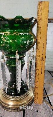 Vintage Bohemian Art Glass Luster Mantle Lamp Crystal Prisms Victorian Style