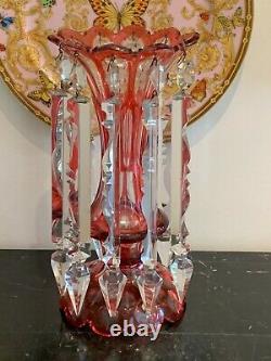 Vintage Bohemian Cranberry Cased Cut Glass Mantle Luster
