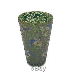 Vintage Bohemian Czech Moser Art Glass Enamel Decoration Gilt Green Tumbler 4
