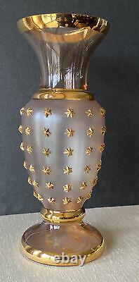 Vintage Bohemian Czech Pink & Satin Glass Lg Flower Vase Gold Rim &star Accents