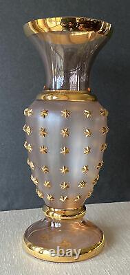 Vintage Bohemian Czech Pink & Satin Glass Lg Flower Vase Gold Rim &star Accents