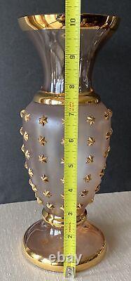 Vintage Bohemian Czech Pink & Satin Glass Lg Flower Vase Gold Rim &star Accents