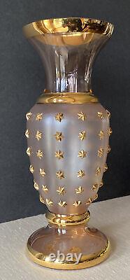 Vintage Bohemian Czech Pink & Satin Glass Lg Flower Vase Gold Rim &star Accents