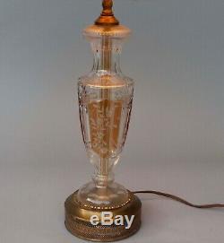 Vintage Bohemian Czech Table Lamp Amber Cut-to-Clear Crystal Floral Design