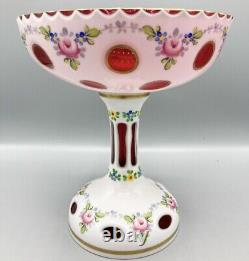 Vintage Bohemian Czech art glass compote candy dish cranberry and opaline