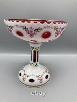 Vintage Bohemian Czech art glass compote candy dish cranberry and opaline