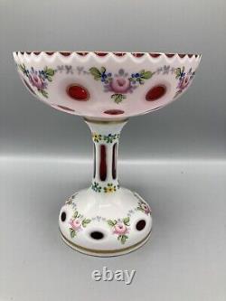 Vintage Bohemian Czech art glass compote candy dish cranberry and opaline