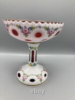 Vintage Bohemian Czech art glass compote candy dish cranberry and opaline