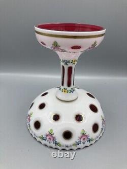 Vintage Bohemian Czech art glass compote candy dish cranberry and opaline