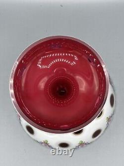 Vintage Bohemian Czech art glass compote candy dish cranberry and opaline