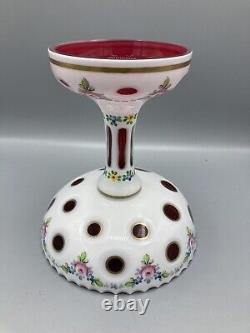 Vintage Bohemian Czech art glass compote candy dish cranberry and opaline