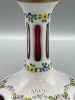 Vintage Bohemian Czech art glass compote candy dish cranberry and opaline