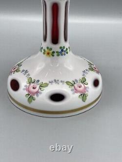 Vintage Bohemian Czech art glass compote candy dish cranberry and opaline