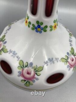 Vintage Bohemian Czech art glass compote candy dish cranberry and opaline