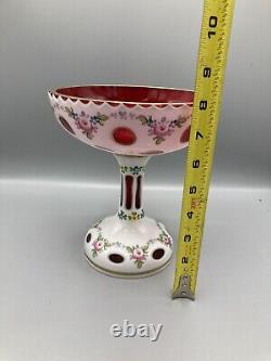 Vintage Bohemian Czech art glass compote candy dish cranberry and opaline