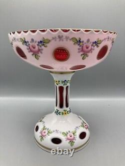 Vintage Bohemian Czech art glass compote candy dish cranberry and opaline