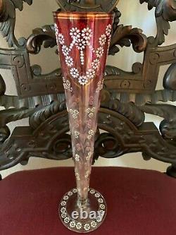 Vintage Bohemian Moser Cranberry Rubina Enamel Footed Art Glass Vase Low Us Ship