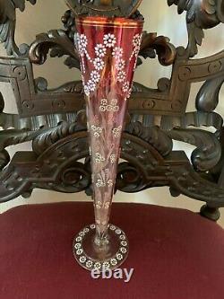 Vintage Bohemian Moser Cranberry Rubina Enamel Footed Art Glass Vase Low Us Ship