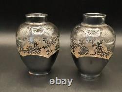 Vintage Bohemian Pink Glass Sterling Silver Floral Overlay 3.5 Bud Posey Vases