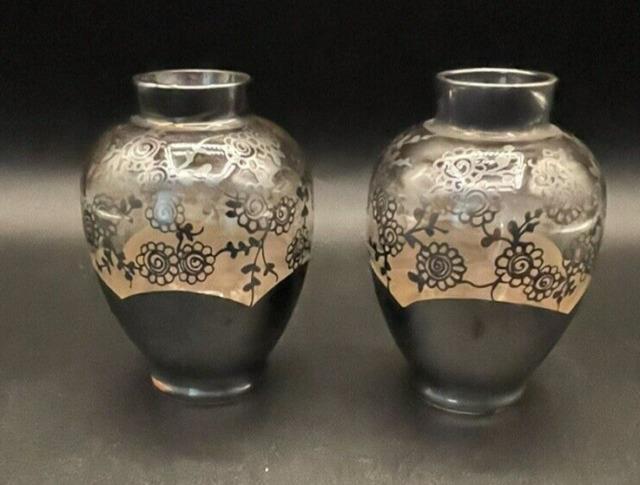 Vintage Bohemian Pink Glass Sterling Silver Floral Overlay 3.5 Bud Posey Vases