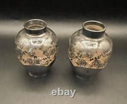 Vintage Bohemian Pink Glass Sterling Silver Floral Overlay 3.5 Bud Posey Vases