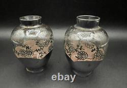 Vintage Bohemian Pink Glass Sterling Silver Floral Overlay 3.5 Bud Posey Vases