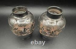 Vintage Bohemian Pink Glass Sterling Silver Floral Overlay 3.5 Bud Posey Vases