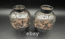 Vintage Bohemian Pink Glass Sterling Silver Floral Overlay 3.5 Bud Posey Vases