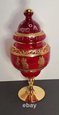 Vintage Bohemian Red Candy Dish Bohemian Gold Art Glass Venetian Apothecary Jar