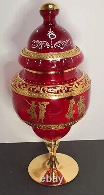 Vintage Bohemian Red Candy Dish Bohemian Gold Art Glass Venetian Apothecary Jar