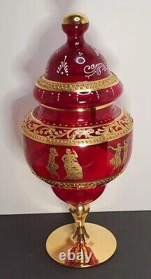 Vintage Bohemian Red Candy Dish Bohemian Gold Art Glass Venetian Apothecary Jar