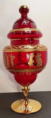 Vintage Bohemian Red Candy Dish Bohemian Gold Art Glass Venetian Apothecary Jar