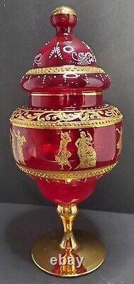 Vintage Bohemian Red Candy Dish Bohemian Gold Art Glass Venetian Apothecary Jar