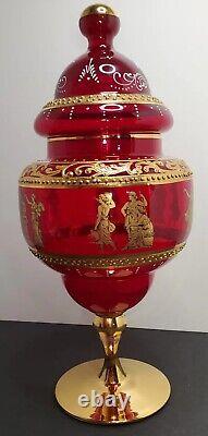 Vintage Bohemian Red Candy Dish Bohemian Gold Art Glass Venetian Apothecary Jar