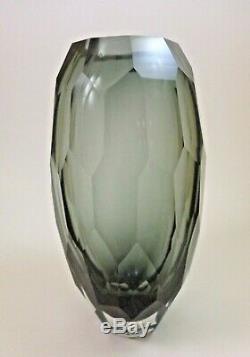 Vintage Bohemian SMOKEY GREY GEOMETRIC DIAMOND CUT Art Deco Glass Vase Moser Era