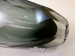 Vintage Bohemian SMOKEY GREY GEOMETRIC DIAMOND CUT Art Deco Glass Vase Moser Era