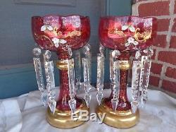 Vintage Cranberry Venetian Glass Applied Porcelain Flowers Mantle Lusters Set