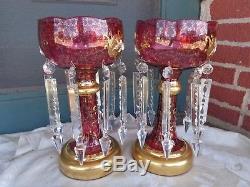 Vintage Cranberry Venetian Glass Applied Porcelain Flowers Mantle Lusters Set