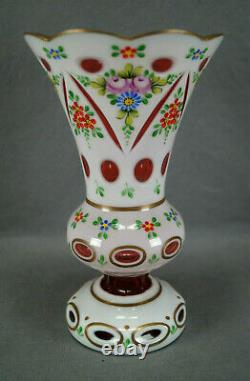 Vintage Czech Bohemian Hand Enameled Floral White Cased Cut to Cranberry Vase