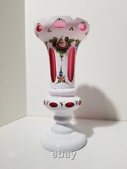 Vintage Czech Bohemian Hand Enameled Floral White Cased Cut to Red Vase 8.5