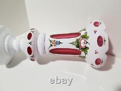 Vintage Czech Bohemian Hand Enameled Floral White Cased Cut to Red Vase 8.5