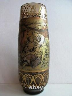 Vintage Czech/Bohemian Pen Sketch Art Glass VASE Signed Freudl V Landscape Scene