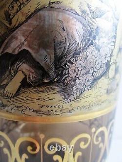 Vintage Czech/Bohemian Pen Sketch Art Glass VASE Signed Freudl V Landscape Scene