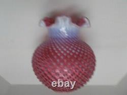 Vintage FENTON Glass Hobnail Ruffled Cranberry Opalescent Lamp Shade 10 Tall