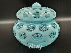 Vintage FENTON OPALESCENT BLUE COIN DOT # 91 COVERED CANDY BOX / DISH With LABEL