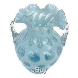 Vintage Fenton Art Glass Blue Coin Dot Double Handled Opalescent Vase 8 3/4
