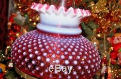 Vintage-Fenton Art Glass Cranberry Hobnail Opalescent Table Lamp