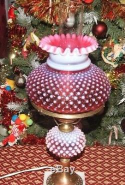 Vintage-Fenton Art Glass Cranberry Hobnail Opalescent Table Lamp
