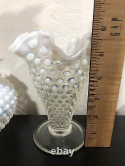 Vintage Fenton Art Glass White French Opalescent Hobnail Vase Set of 3